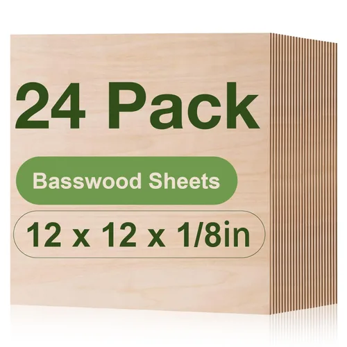 Miniatura 12 de Paquete de 12 hojas de tilo Rowood, 12x12x1/8pulgadas, tilo de 3mm para corte láser, kits de manualidades para adultos, tablero de madera