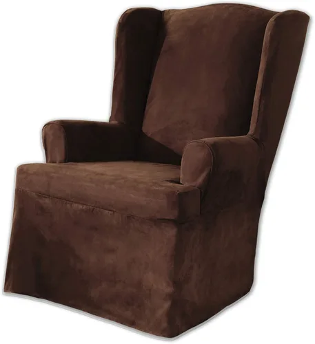 SURE FIT funda para silla con alas y cojín en T de gamuza suave, de una pieza, ajuste relajado, poliéster, lavable a máquina, color chocolate
