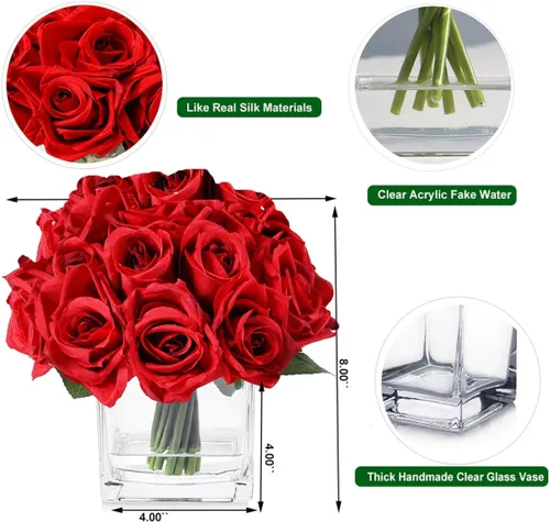 Miniatura 3 de 18 cabezas de rosas artificiales en jarrón, arreglo floral de rosas falsas en jarrón con agua falsa para mesa de comedor, boda, decoración del hogar