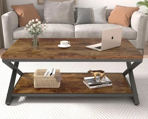 Miniatura 4 de HSH Mesa de centro de madera con almacenamiento, mesa de café rústica marrón para sala de estar, mesa central moderna minimalista de 2 niveles, mesa