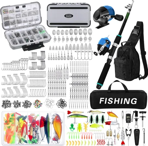 DoubleFill Kit de herramientas de pesca de 484 piezas, kit de mochila de aparejos de pesca, incluye bastones y carretes de pescado, caja de aparejos
