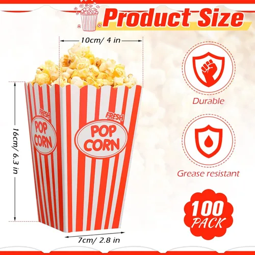 Miniatura 2 de Xinnun Paquete de 100 Cajas de Palomitas de Maíz a Granel de Papel con Rayas Rojas y Blancas, Recipientes Bolsa Desechables a Prueba de Aceite, Rojo