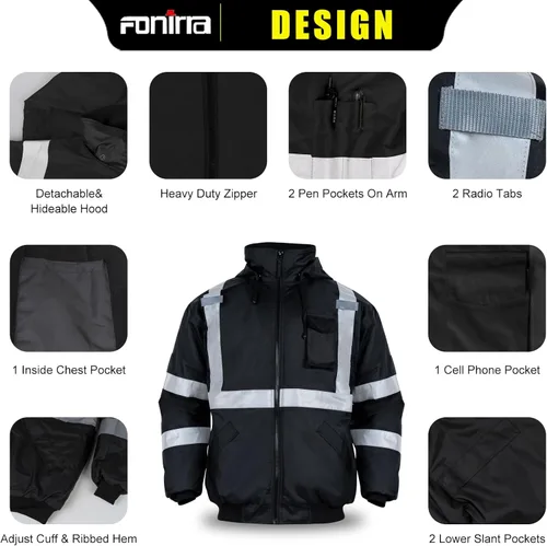 Miniatura 3 de FONIRRA - Chaquetas bomber de alta visibilidad con forro polar, ANSI Clase 2, chaqueta reflectante impermeable para hombres