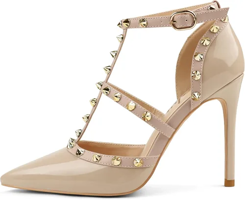 Eithy Sandalias de verano con tirantes delgados y tacón alto para mujer, con tiras y puntera puntiaguda, para fiestas, uso diario, para la noche, Oro