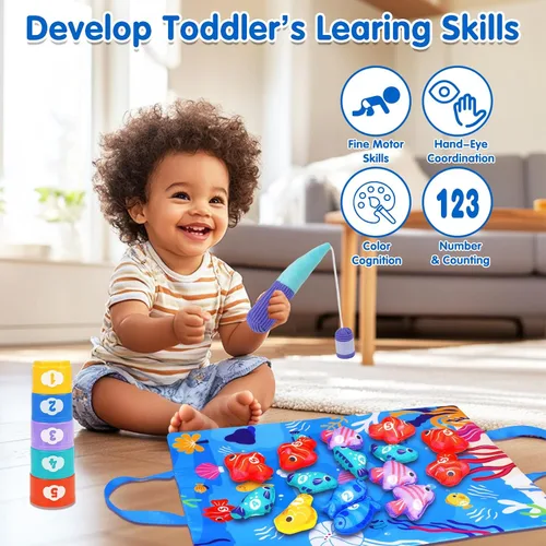 Miniatura 3 de Arovan Juguetes Montessori para niños de 1 año, juego de pesca de tela con tazas apilables, juguetes para niños de un año, regalo de primer