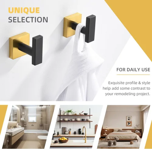 Miniatura 2 de Angle Simple Paquete de 2 ganchos para toallas de baño, soporte para bata de baño de acero inoxidable SUS 304 montado en la pared, negro y dorado