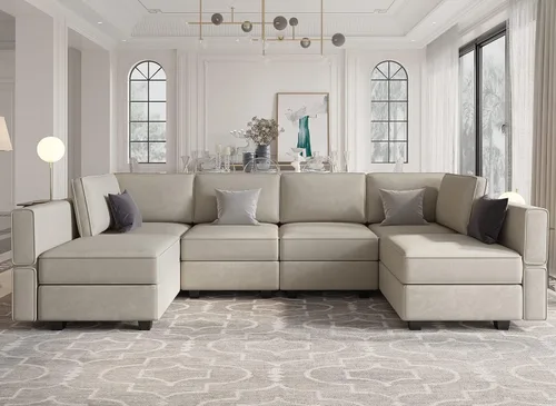 Miniatura 20 de Belffin Sofá modular en forma de U con tumbonas reversibles, de terciopelo, con asiento de almacenamiento, color negro