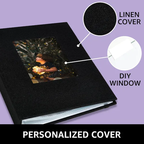 Miniatura 4 de Álbum de fotos pequeño de 4 x 6 pulgadas, 2 unidades, páginas transparentes, cubierta de lino con ventana frontal, cada mini álbum con capacidad