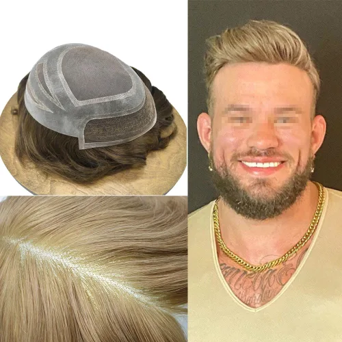 Miniatura 29 de Toupee For Men Human Hair Men's Toupee Hair Replacement System For Men Fine Mono Hair Piece For Men Poly Mens Hair System 8X10 Medium light density
