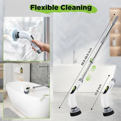 Miniatura 2 de WORKPRO Limpiador eléctrico giratorio, cepillo de limpieza inalámbrico, 3 velocidades, mango largo ajustable y 8 cabezales de cepillo reemplazables
