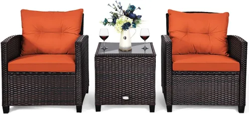 Miniatura 11 de Tangkula Juego de muebles de patio de 3 piezas, mimbre de ratán PE, juego de sofá de 3 piezas para exteriores con cojín lavable y superficie de mesa
