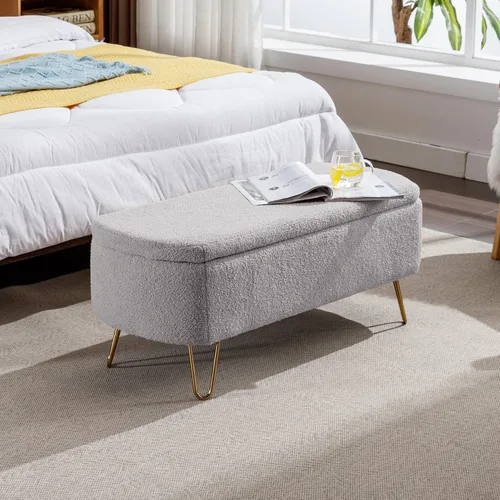 Miniatura 8 de TTK Otomana con almacenamiento para dormitorio, moderno banco otomano de piel sintética con patas de metal dorado, banco de entrada largo de sherpa