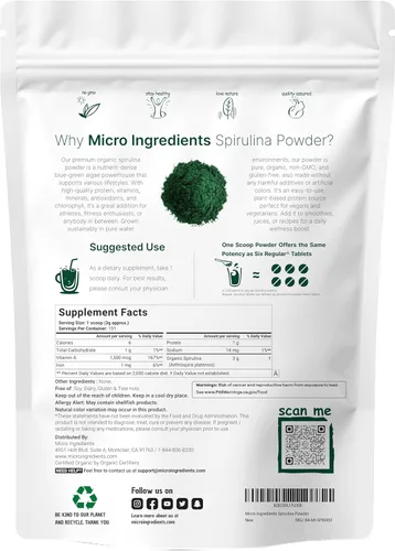 Miniatura 2 de Espirulina orgánica en polvo Micro Ingredients, el mejor superalimento rico en vitaminas y minerales, certificación USDA, 1