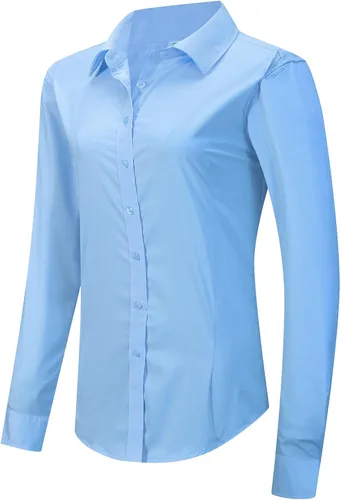 Miniatura 11 de MGWDT Camisa de trabajo con botones para mujer, ajustada, resistente a las arrugas, manga larga/corta, elástica, ligera