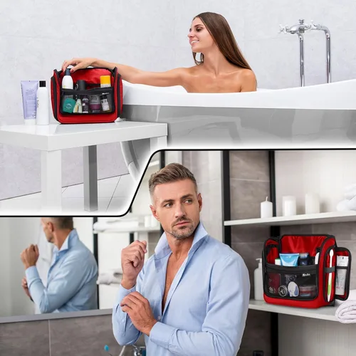 Miniatura 3 de Bolsa de aseo de viaje para hombres y mujeres - Organizador grande colgante de artículos de tocador - Bolsa de higiene impermeable con gancho L Rojo