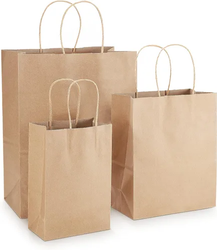 Kslong Paquete de 75 bolsas de regalo de estraza marrón con asas, bolsas de compras de papel kraft liso natural a granel para negocios minoristas,