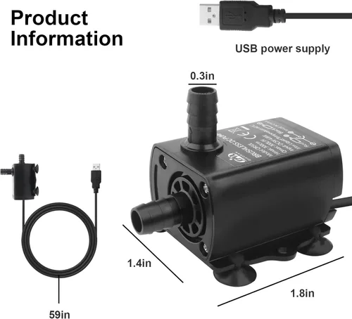 Bomba de agua sumergible con cable USB de 4.9 pies, bomba de agua ultra silenciosa para acuario con elevación de 9.8 pies de altura para tina de