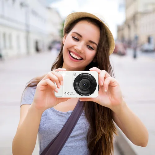 Miniatura 7 de Cámara digital, 4K 64MP, zoom 18X, cámara digital de apuntar y disparar con tarjeta TF de 64 GB y 2 baterías, cámara pequeña recargable portátil