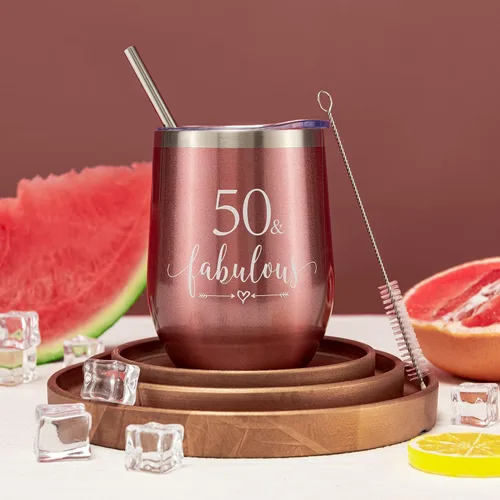 Miniatura 3 de Crisky Vaso de vino de oro rosa 50 y fabuloso para mujer, regalo de cumpleaños 50 para mujeres, esposa, mamá, hermana, tía, amigas, compañera