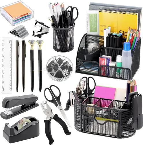 Juego de organizadores y accesorios de escritorio negro 17 en 1, 3 organizadores de almacenamiento de suministros de escritorio de oficina, 4