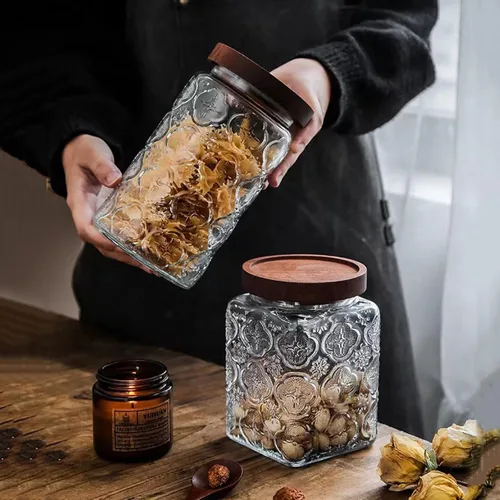 Miniatura 6 de Tarro de almacenamiento de vidrio vintage, recipiente de almacenamiento de alimentos para cocina y despensa con tapa de madera hermética