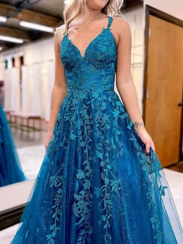 Miniatura 4 de Vestidos de graduación de tul con purpurina para mujer, cuello en V, apliques de encaje, vestidos largos de baile, tirantes delgados, vestido