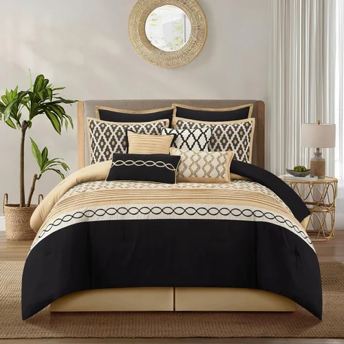 Miniatura 10 de Grand Avenue Juego de edredón negro tamaño King, 10 piezas, edredones y juegos de ropa de cama jacquard, falda de cama a juego, almohadas y fundas