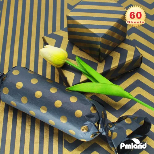Miniatura 6 de PMLAND Papel de seda de alta calidad para envolver regalos, color negro metálico dorado con rayas zigzag, 20 x 14 pulgadas, 60 hojas