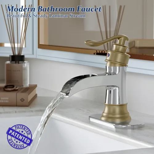 Miniatura 2 de BWE - Grifo de baño de cascada de una manija, cromado y dorado, para tocador con tapón de drenaje emergente con rebosadero, de un agujero, palanca