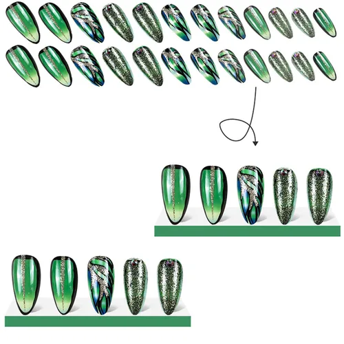 Miniatura 2 de Uñas acrílicas artificiales de punta francesa verde – Forma de almendra de longitud media con diseño de diamantes de imitación 3D de lámina dorada
