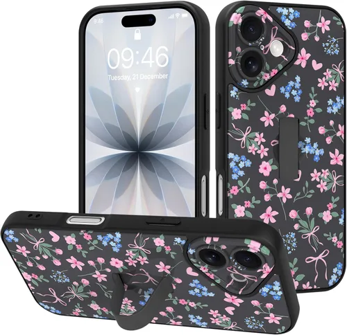 Miniatura 43 de Funda diseñada para iPhone 17 Pro Max con soporte plegable y correa para dedos, bonito patrón de lazo de corazón de flor rosa para mujeres y niñas