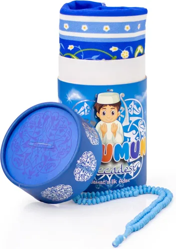 Miniatura 3 de Alfombra de oración musulmana y cuentas de oración con elegante caja de regalo, juego de regalos islámicos, tapete de alfombra de oración (azul)