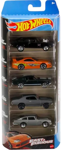 Hot Wheels Juego de 5 coches de juguete, paquete de 5 coches de carreras y derrapes de Fast & Furious en escala 1:64 con decos exclusivos (los