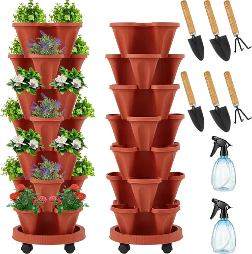 Miniatura 11 de Umigy Juego de 2 macetas verticales de 7 niveles, apilables, macetas de fresa, hierbas y verduras, macetas de jardinería para interiores