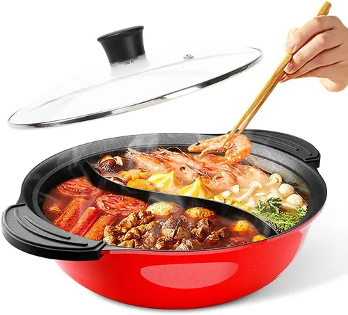 Olla caliente con divisor para cocina de inducción, olla de doble cara para cocinar sopas de dos sabores, olla china Shabu Shabu para fiesta en Rojo