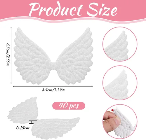 Miniatura 2 de 40 piezas de alas de ángel para manualidades, tela con purpurina, bonitos parches de alas de ángel en relieve, parches de alas blancas en relieve