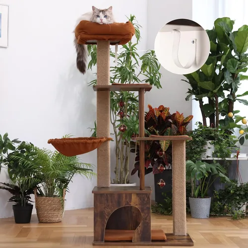 Miniatura 2 de FUKUMARU Árbol para gatos, torre grande y moderna 4 en 1 para gatos con poste rascador de yute y hamaca, condominio de madera para gatos con bolas