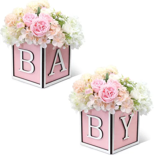 Miniatura 14 de Juego de 4 centros de mesa de baby shower para mesas, cajas de madera de 6 pulgadas con letras de bebé, cubos rústicos, bloques de madera para Rosa