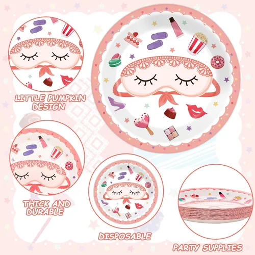 Miniatura 4 de Juego de platos de pijama, servilletas para fiesta de pijama, vajilla de fiesta de spa, cubiertos para niñas, decoración desechable para 24 invitados