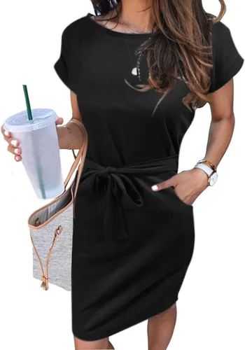 MEROKEETY - Vestido de verano con manga corta, a rayas, casual, estilo camiseta, con lazo en la cintura y bolsillos, para mujer