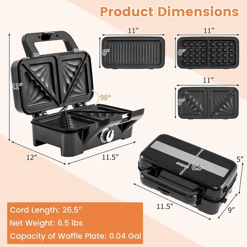 Miniatura 8 de BECOMFORT Máquina de gofres 3 en 1, prensa de sándwich con 3 placas antiadherentes extraíbles, luces indicadoras, mango de tacto frío, sandwich