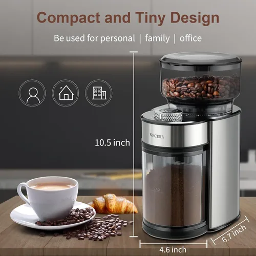 Miniatura 6 de Secura Molinillo de café eléctrico con 25 ajustes precisos de molienda, 2-12 tazas