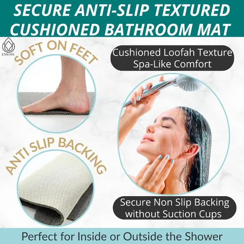 Miniatura 2 de ENKOSI Loofah - Alfombra antideslizante para ducha y baño, comodidad acolchada suave, sin ventosas para bañeras lisas o texturizadas, drenaje Gris