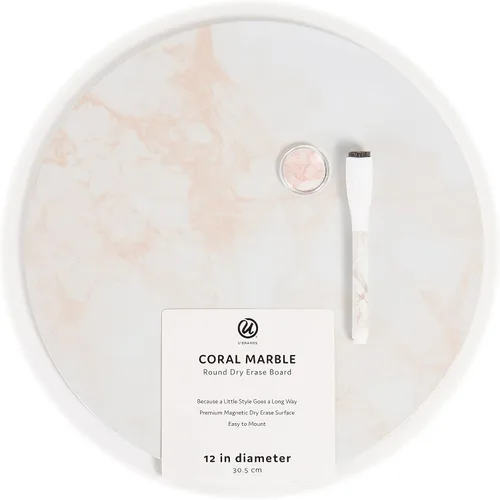 U Brands Pizarra blanca magnética redonda de mármol coral de borrado en seco, incluye marcador, 12 pulgadas de diámetro