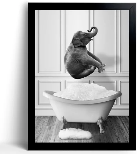 calmart Arte Gracioso de Pared de Elefante - Imágenes de Elefante Lavando en Bañera para Pared Pinturas de Animales Por Favor Siéntate Usted Cartel