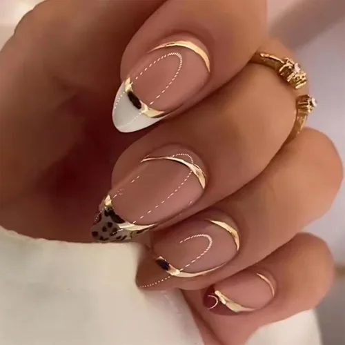 Uñas postizas cortas a presión con forma de almendra, línea dorada, color rojo brillante, punta francesa, uñas acrílicas artificiales de leopardo,