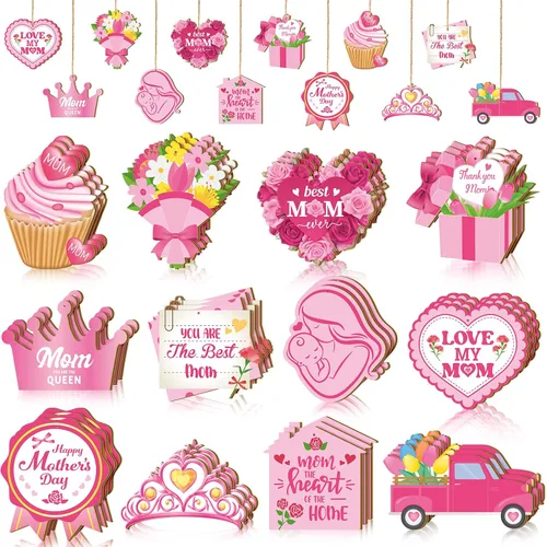 FairySandy 36 piezas de adornos para el día de la madre para árbol de madera, rosa, mamá, mujeres, decoración de árbol, flores rústicas, magdalenas,