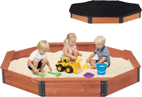 Miniatura 8 de Cajón de arena de 64"x56"x8.5" octogonal con cubierta para juegos al aire libre de niños, arenero grande de madera con 4 bancos, instalación rápida