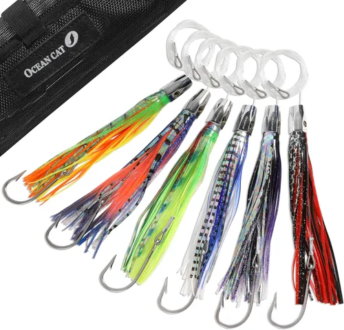 OCEAN CAT Juego de señuelos de pesca de agua salada, anzuelo de pesca en alta mar y faldas de pulpo/calamar de 6 pulgadas/9 pulgadas para atrapar