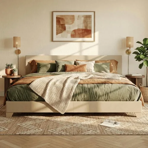 Miniatura 17 de SHA CERLIN Base de cama tamaño King con cabecera ajustable, plataforma tapizada de piel sintética con listones de madera, base de colchón estable
